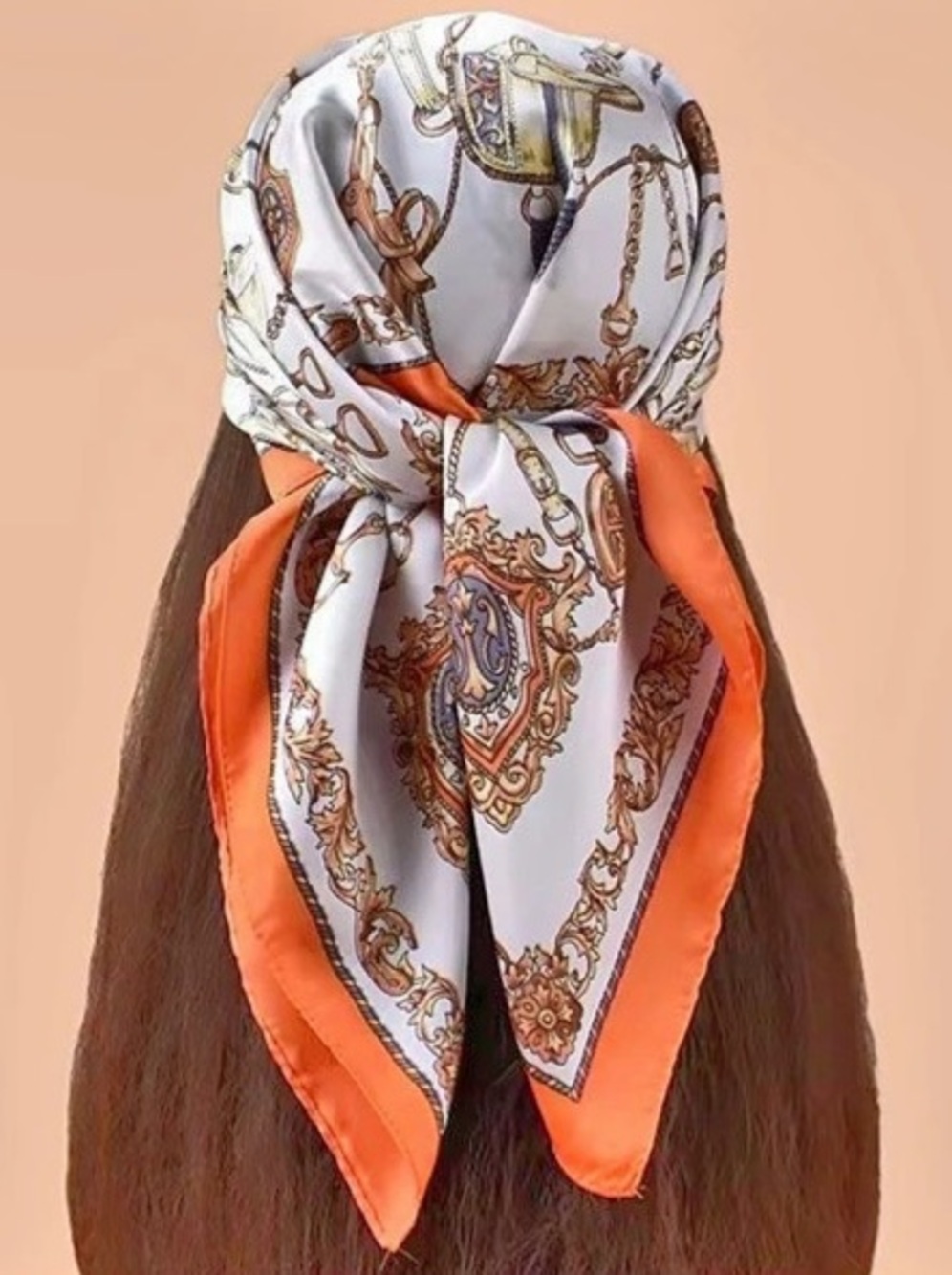 New Orange Chain Print Satin Square Scarf, Orange & White